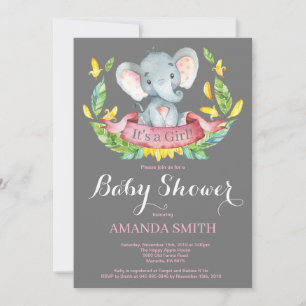 Convite de Chá de Bebê de Elefante Menina Rosa e C