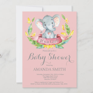 Convite de Chá de Bebê de Elefante Menina Rosa e C