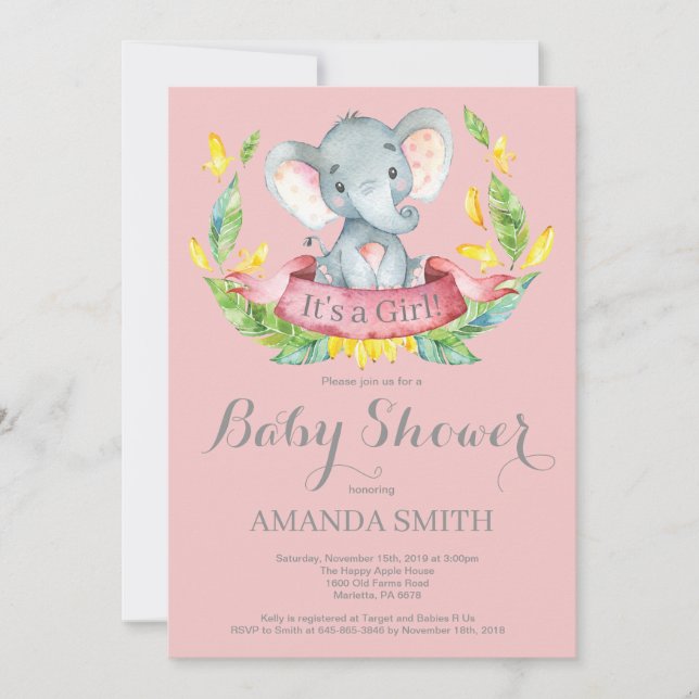 Convite de Chá de Bebê de Elefante Menina Rosa e C (Frente)