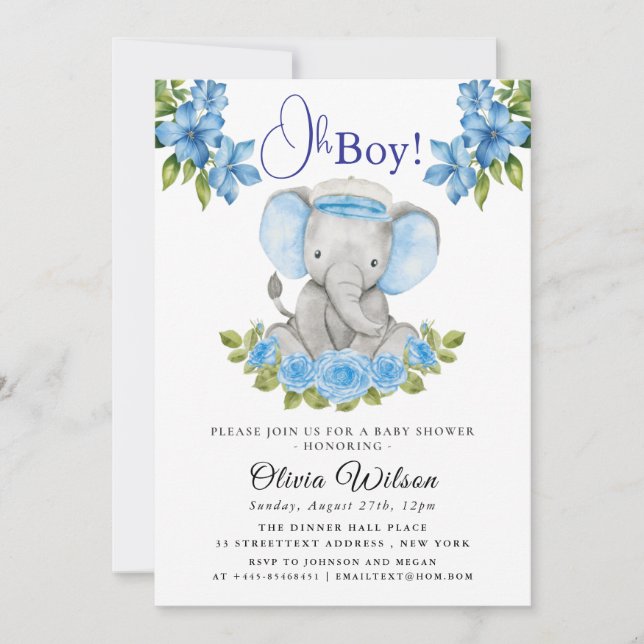 Convite de Chá de Bebê de Elefante para Menino – “ (Frente)