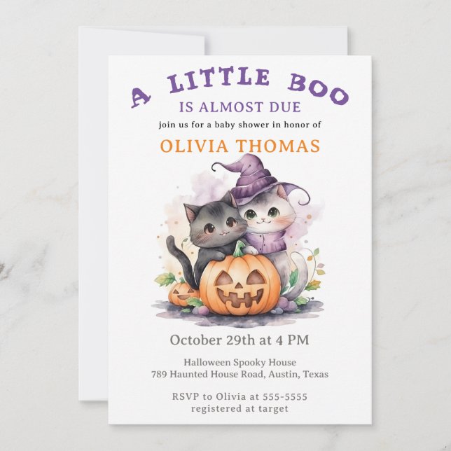Convite de Chá de Bebê de Halloween Little Boo Cat (Frente)