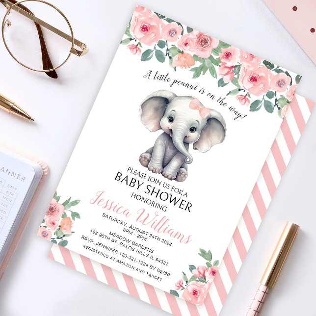 Convite de chá de bebê de menina com elefante flor (Criador carregado)