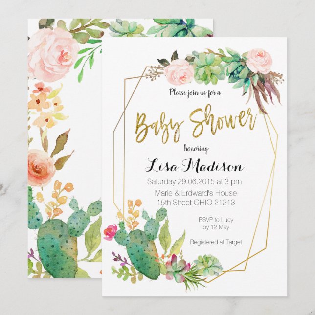 Convite de Chá de Bebê de Moldura Geométrica Sucul (Frente/Verso)