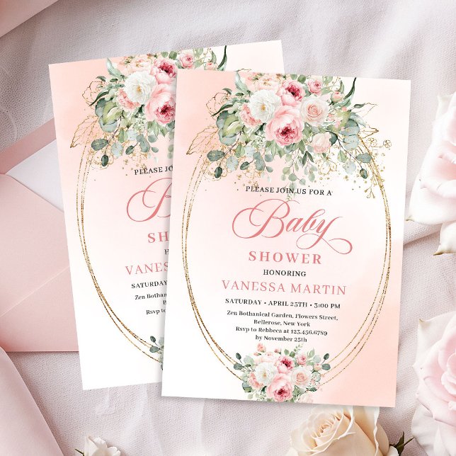 Convite de Chá de Bebê de Rosas Blush Elegantes co (Elegant Blush Roses Eucalyptus Baby Shower Invite)