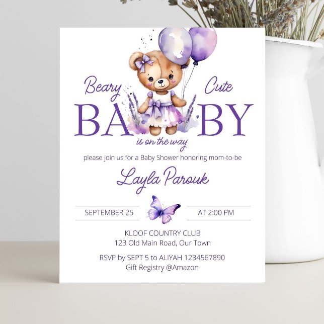 Convite de chá de bebê de ursinho de pelúcia menin (Purple lavender teddy bear girl baby shower budget invitation a cute teddy bear with balloons)