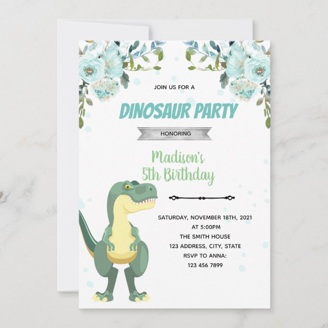 Convite de chá de bebê Dinossauro Azul (Frente)