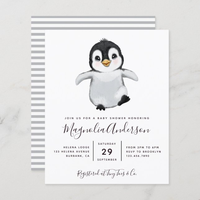 Convite de Chá de Bebê do Adorável Pingüim com Orç (Frente/Verso)