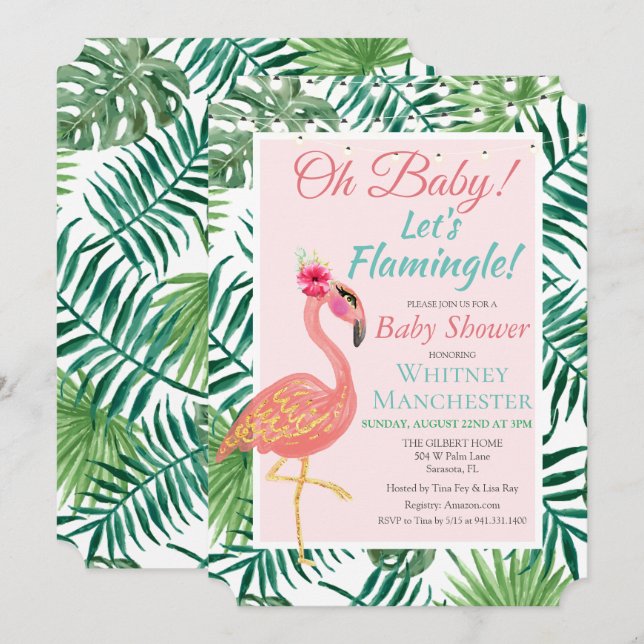 Convite de Chá de Bebê do Flamingo Tropical (Frente/Verso)