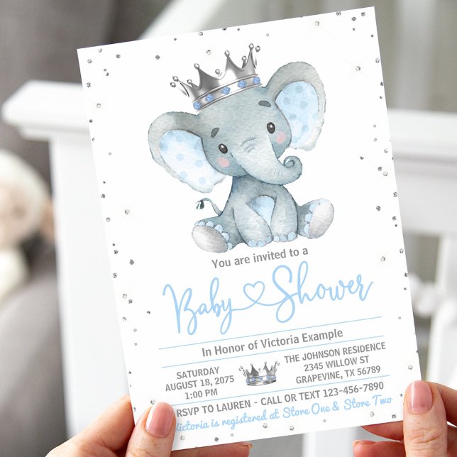 Convite de Chá de Bebê do Príncipe Elefante Menino (Boy cute elephant baby shower invitation. Instant download and printed invitations available.)