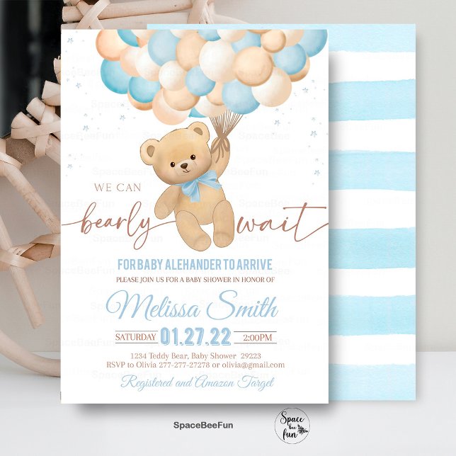 Convite de Chá de Bebê do Ursinho de Pelúcia Mal P (Teddy Bear invites,Baby Shower,Invitation,We Can Bearly,Wait Boy, hot air balloon,Bear Theme,Baby Sh)