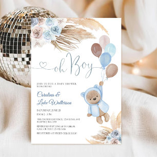 Convite de Chá de Bebê do Ursinho Teddy Floral Azu