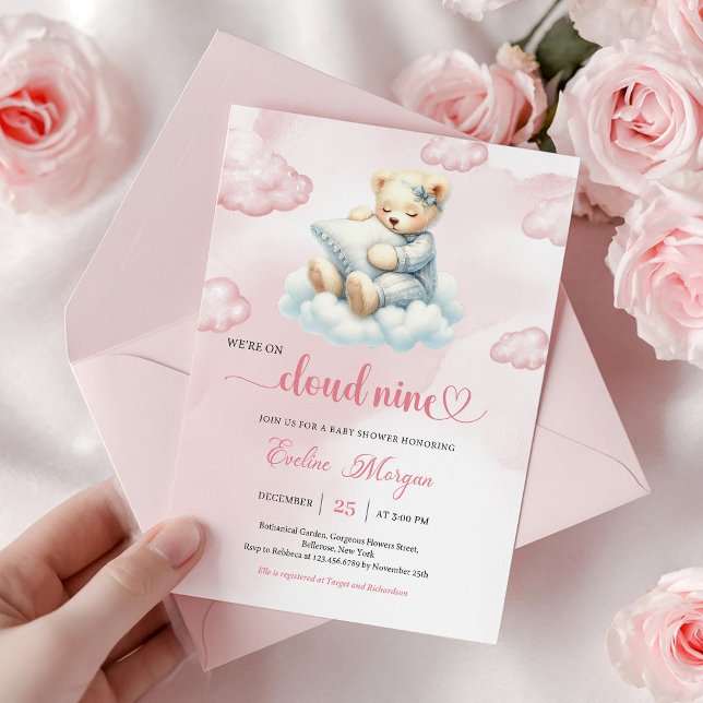 Convite de Chá de Bebê do Ursinho Teddy - Nuvem No (Little Teddy Bear Baby Shower Invite Cloud Nine Theme)