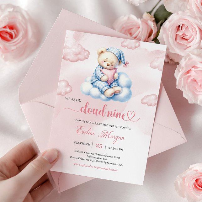 Convite de Chá de Bebê do Urso Teddy Adorável Tema (Lovely Teddy Bear Baby Shower Invite Cloud 9 Theme)