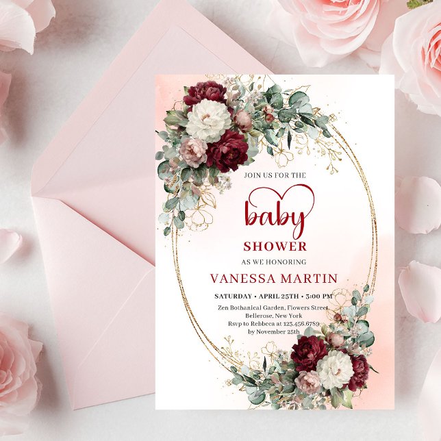 Convite de Chá de Bebê Dourado Floral Marrom Român (Romantic Maroon Floral Gold Baby Shower Invite

)