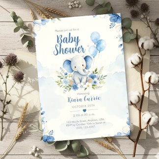 Convite de Chá de Bebê Elefante Floral Balão Azul