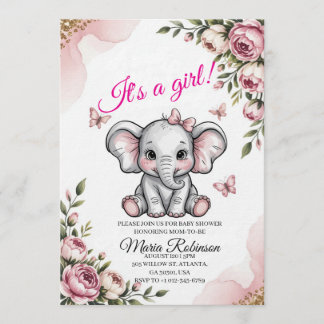 Convite de Chá de Bebê Elefante Fofo & Floral
