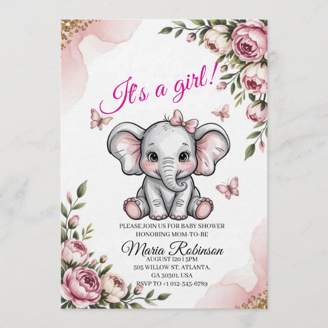 Convite de Chá de Bebê Elefante Fofo & Floral (Frente)
