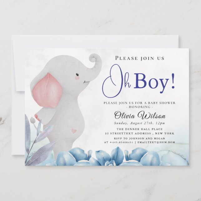 Convite de Chá de Bebê Elefante Oh Menino (Frente)