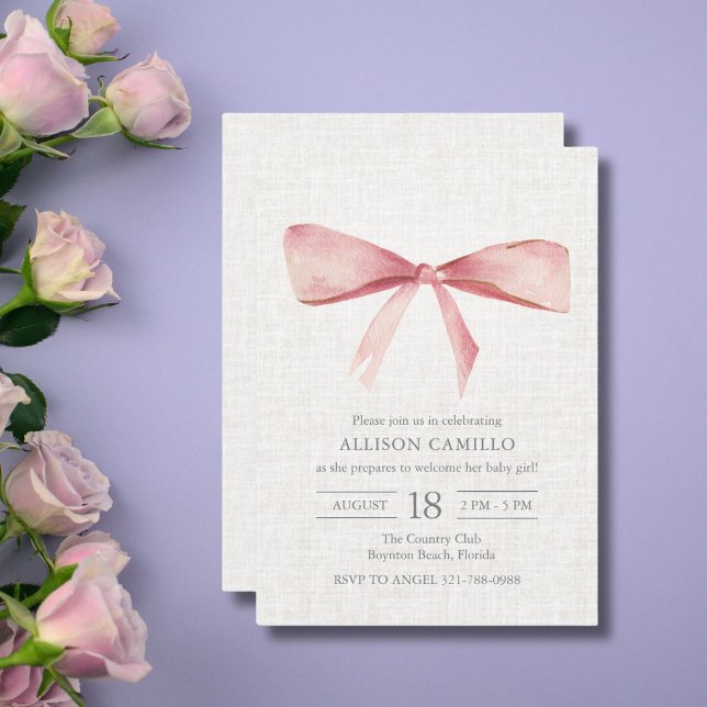 Convite de Chá de Bebê Elegante com Laço Coquette  (Pink Coquette Bow Faux Linen Elegant Baby Shower Invitation)