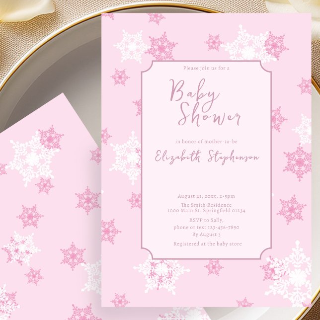 Convite de Chá de Bebê Elegante Floco de Neve Rosa (Criador carregado)