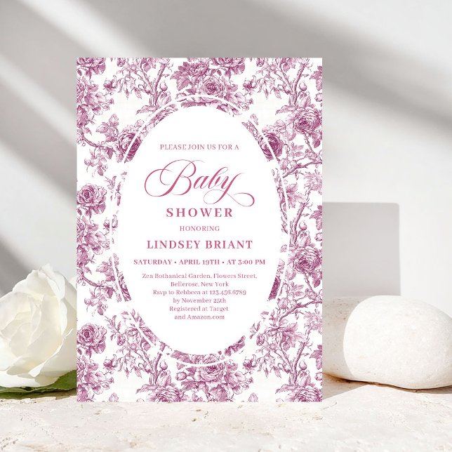 Convite de Chá de Bebê Elegante Rosa Empoeirado To (Elegant Dusty Pink Toile Roses Baby Shower Invitation)