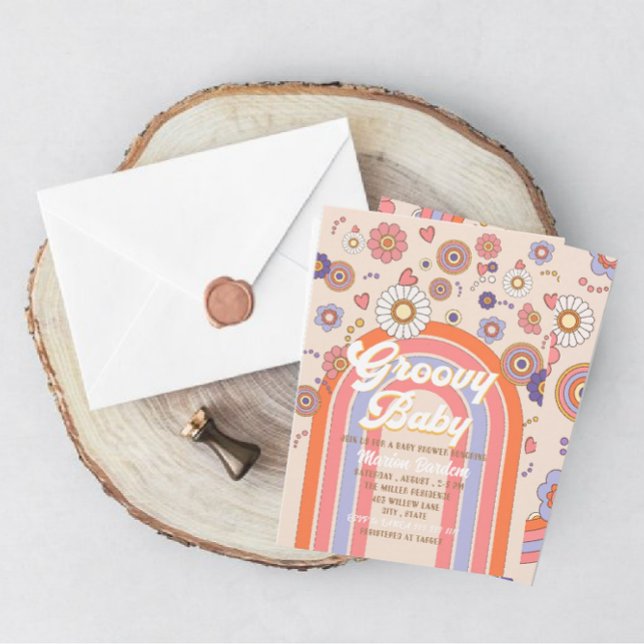 Convite de chá de bebê em aquarela retrô Groovy (Criador carregado)