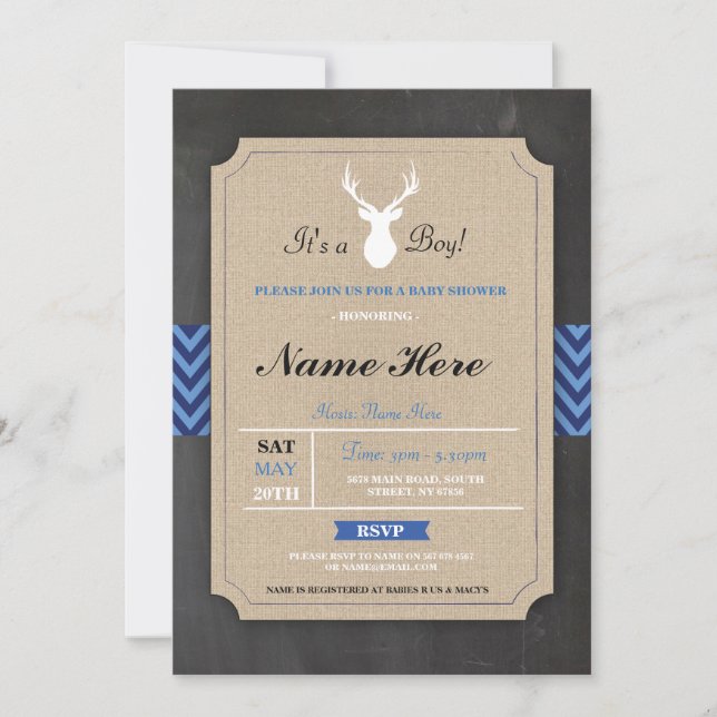 Convite de Chá de Bebê em Burlap Menino Antler Rús (Frente)