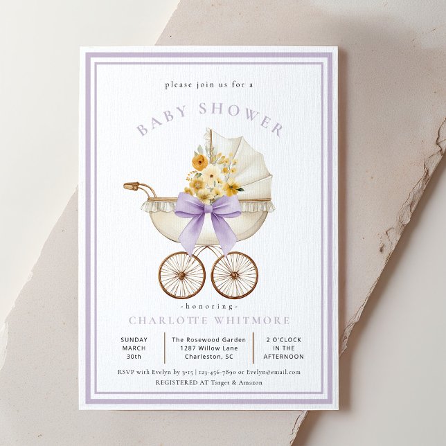 Convite de Chá de Bebê em Carrinho de Bebê Antigo  (Lavender Baby Shower Invite)