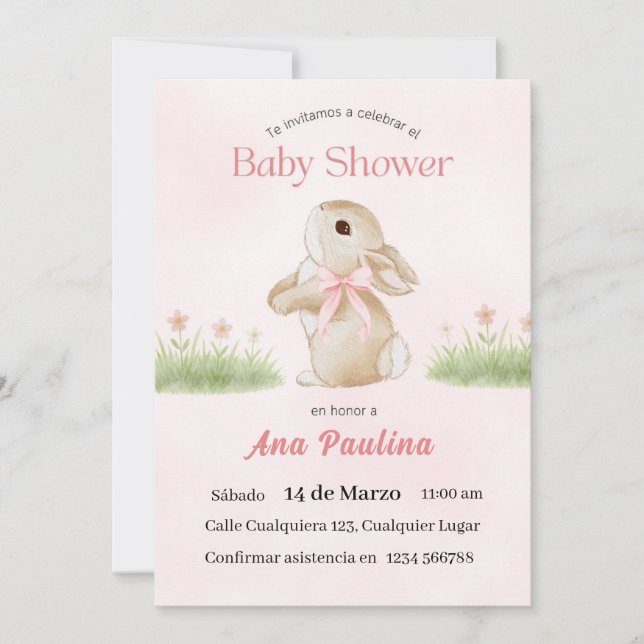 Convite de Chá de Bebê Espanhol Urso Rosa Menina (Frente)