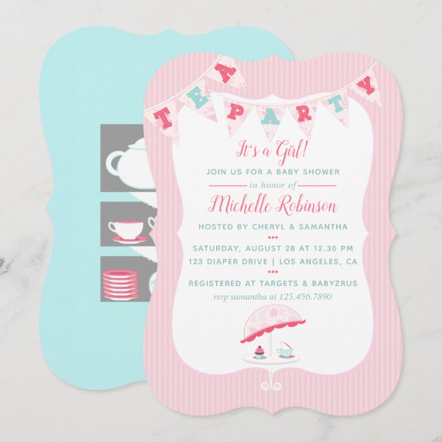 Convite de Chá de Bebê Festa do Chá para Menina Sh (Frente/Verso)