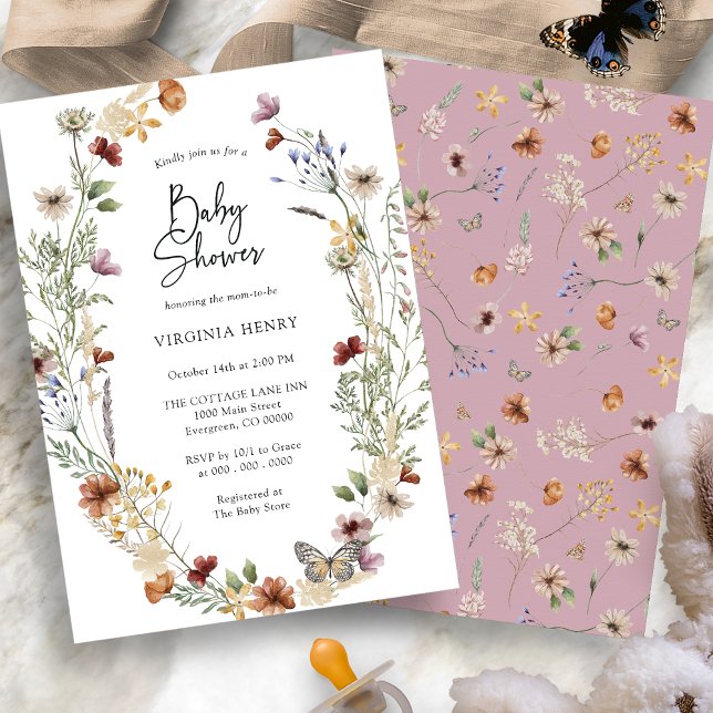 Convite de Chá de Bebê Flor Silvestre Rosa (Dusty Pink Boho Wildflower Baby Shower Invitation with Butterfly by Painted Paperie
)