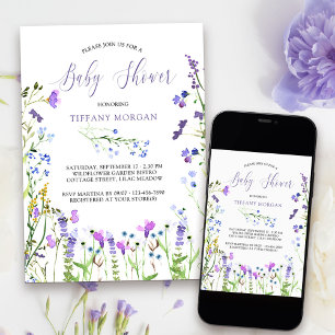 Convite de Chá de Bebê Flor Silvestre Roxa Floral