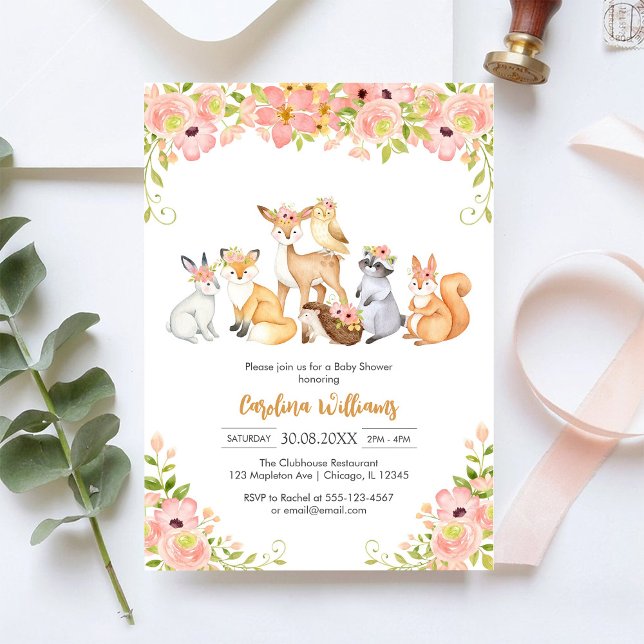 Convite de Chá de Bebê Floral Animais da Floresta (Criador carregado)