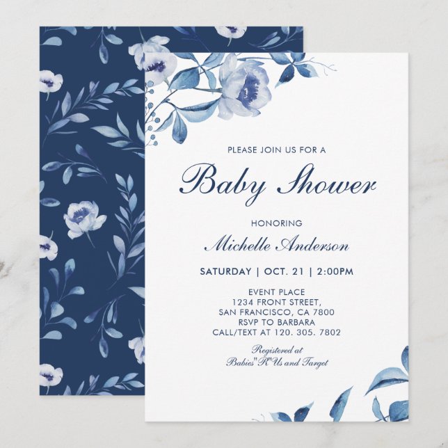 Convite de Chá de Bebê Floral Aquarela Azul (Frente/Verso)