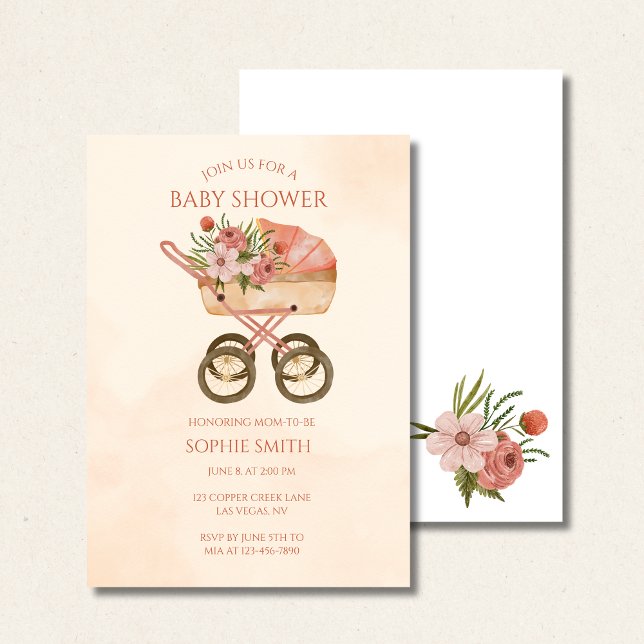 Convite de Chá de Bebê Floral Aquarela de Carrinho (Criador carregado)