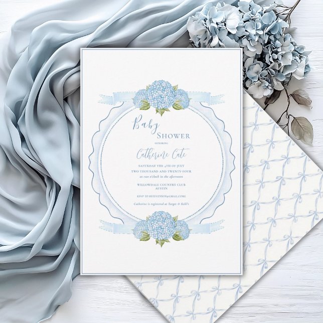 Convite de Chá de Bebê Floral Azul Elegante da Hor (Criador carregado)