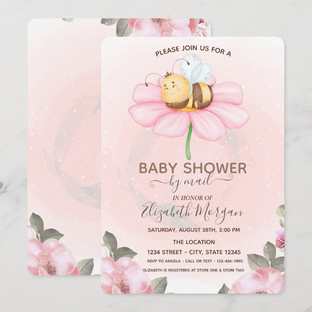 Convite de Chá de Bebê Floral Baby Bee (Frente/Verso)