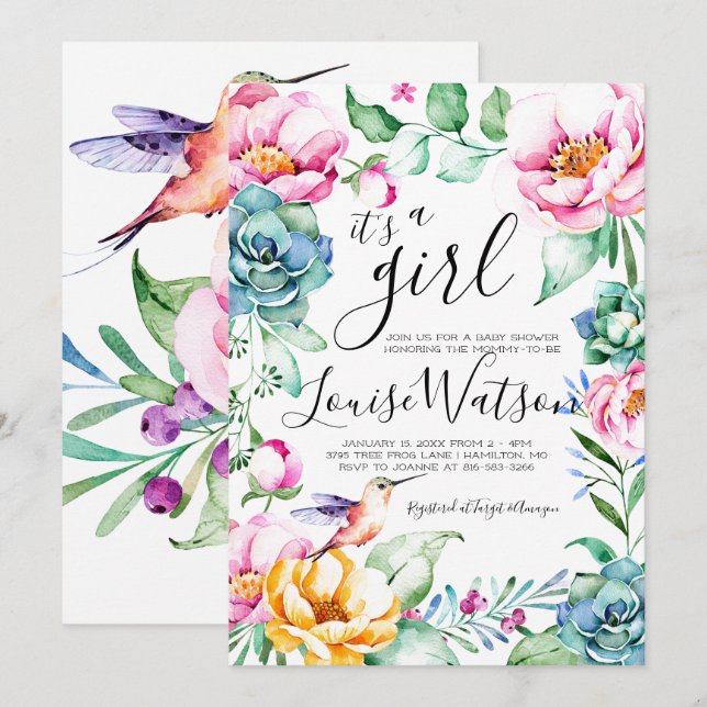 Convite de Chá de Bebê Floral Beija-flor (Frente/Verso)