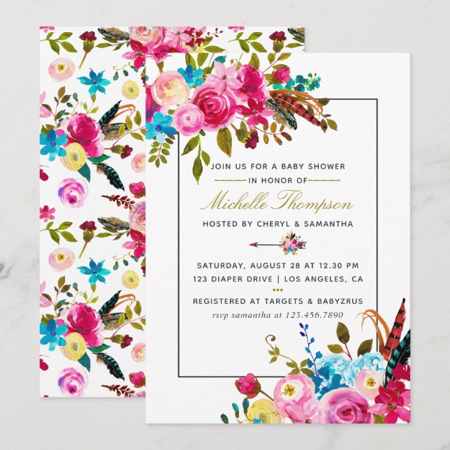Convite de chá de bebê floral Boho Chic aquarela (Frente/Verso)