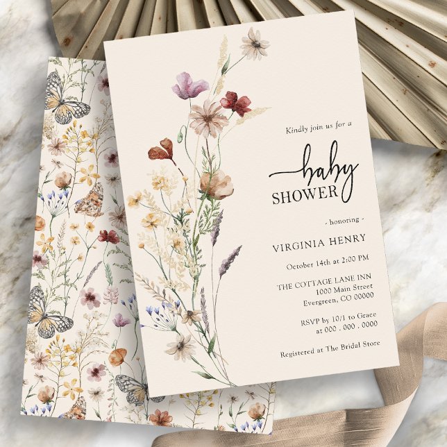 Convite de Chá de Bebê Floral Boho de Flores Silve (Boho Floral Wildflower Baby Shower Invitation with whimsical pattern on the back by Painted Paperie
)