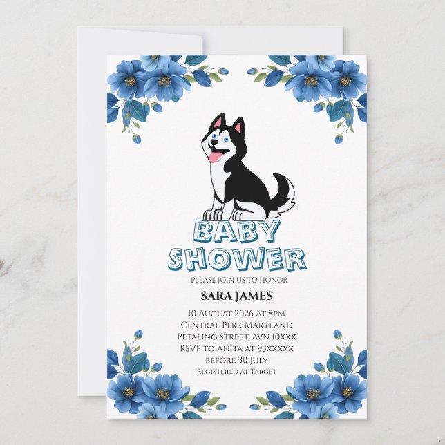 Convite de Chá de Bebê Floral com Cachorro Husky F (Frente)