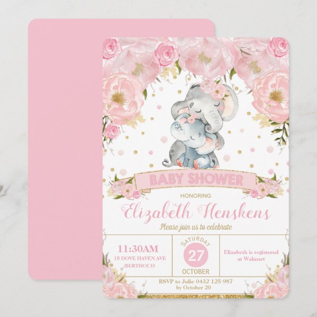 Convite de Chá de Bebê Floral de Elefante Menina (Frente/Verso)