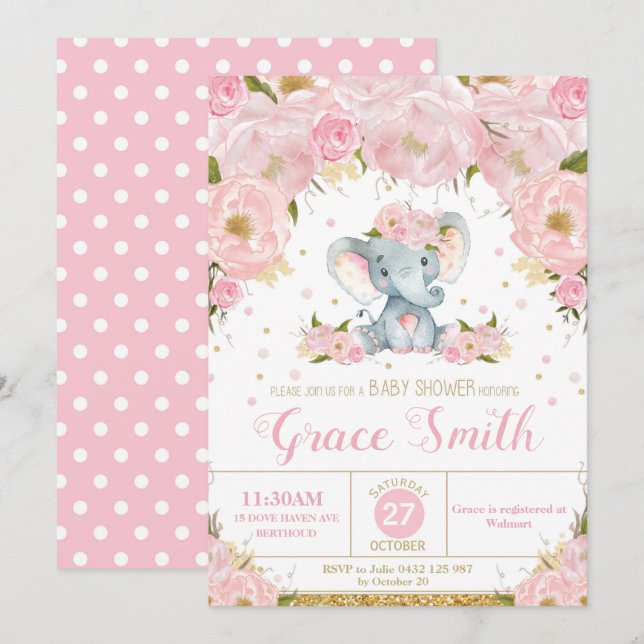 Convite de Chá de Bebê Floral de Elefante Menina (Frente/Verso)
