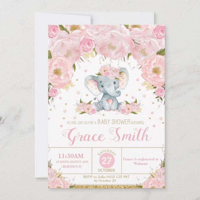 Convite de Chá de Bebê Floral de Elefante Menina (Frente)