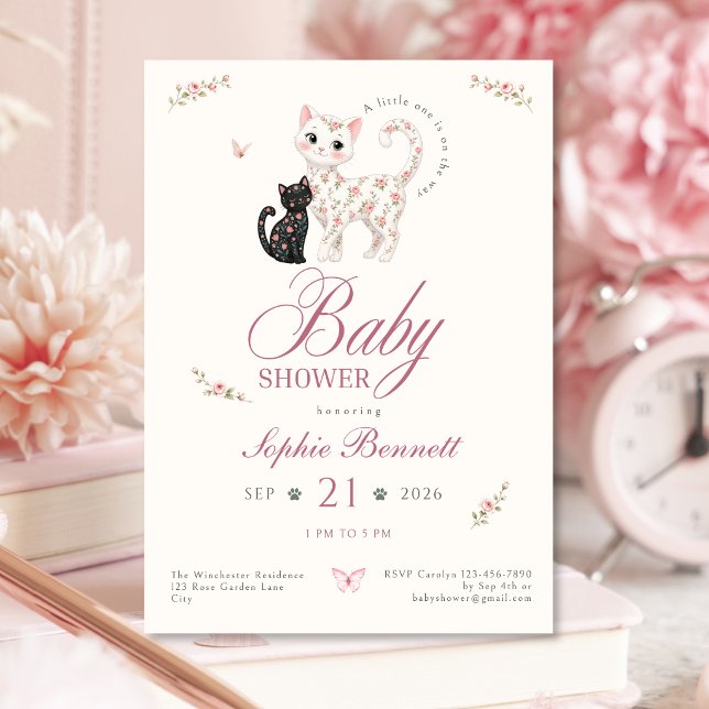 Convite de Chá de Bebê Floral de Gata para Meninas (Floral Cat Baby Shower Invitation for Girls)