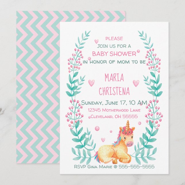 Convite de Chá de Bebê Floral de Unicórnio em Aqua (Frente/Verso)