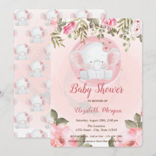 Convite de Chá de Bebê Floral Elefante Bebê Fofo