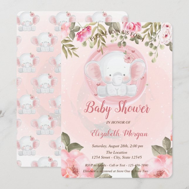 Convite de Chá de Bebê Floral Elefante Bebê Fofo (Frente/Verso)