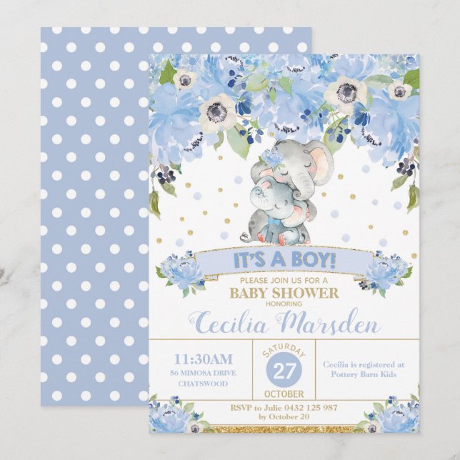 Convite de Chá de Bebê Floral Elefante Menino (Frente/Verso)