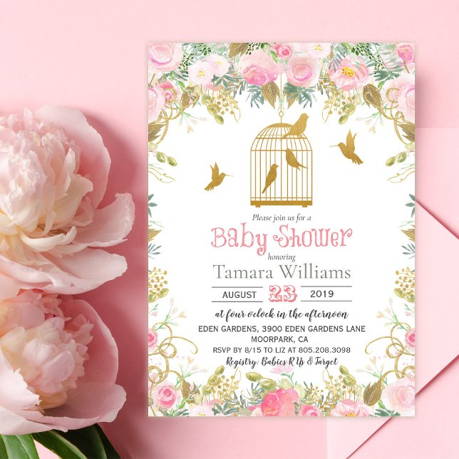 Convite de Chá de Bebê Floral em Gaiola de Pássaro (Criador carregado)